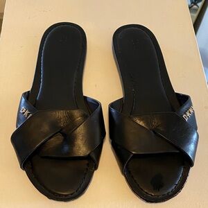 DKNY Black Crossover Leather Slide Sandals